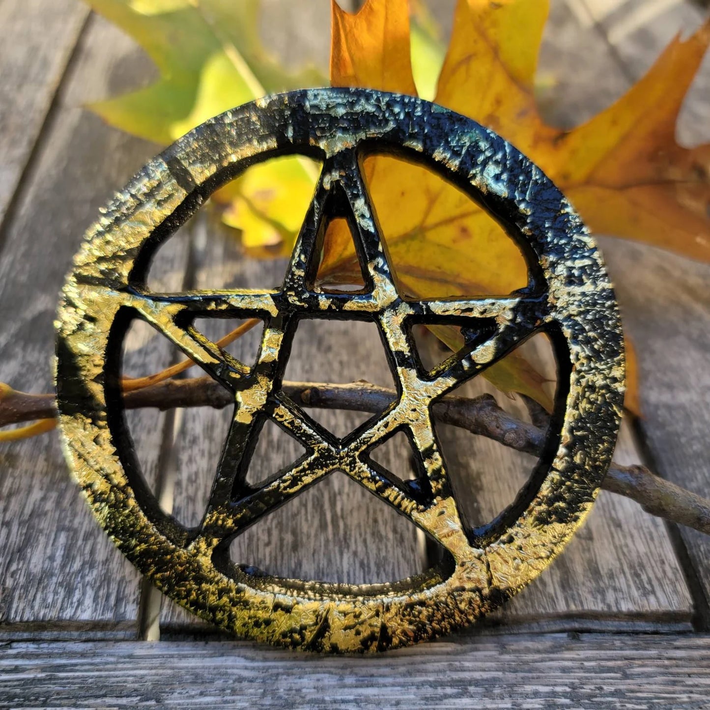 Black and Gold Leaf Pentagram Altar/Cleansing Tile